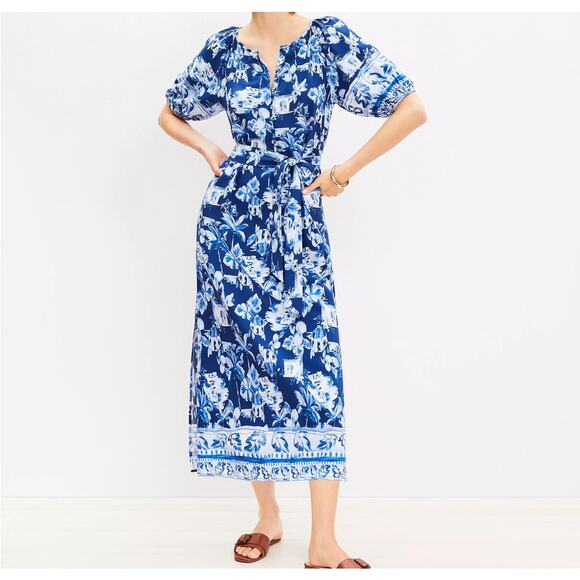 Ann Taylor Loft Women’s Small Petite Dress Midi Puff Short Sleeve Tie Waist - Picture 1 of 13